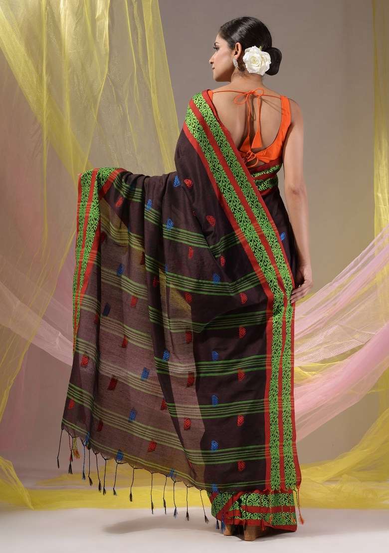 Dark Chocolate Floral Cotton Saree Set with Embroidery for Diwali | Wedding & Festive Wear - Indya