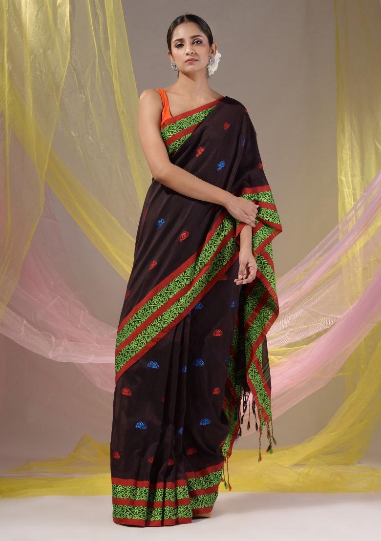 Dark Chocolate Floral Embroidery Cotton Saree Set - Indya