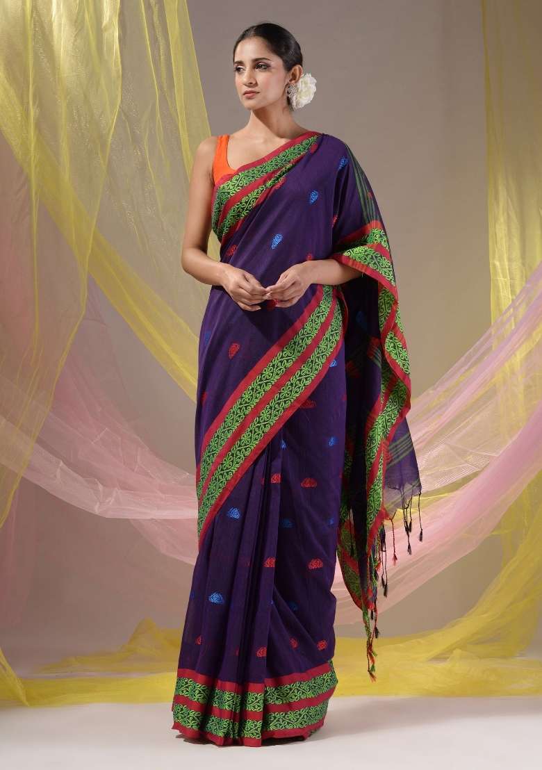 Purple Floral Embroidery Cotton Saree Set - Indya