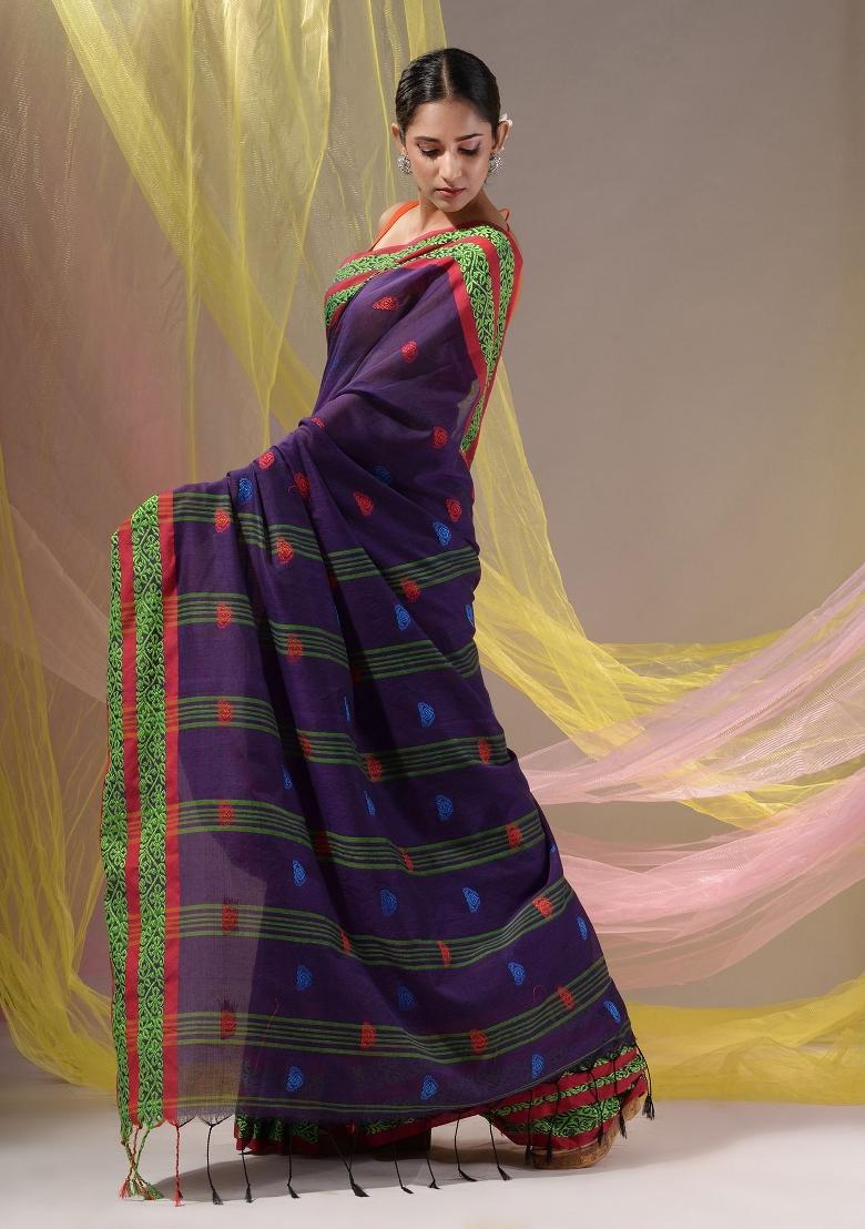 Purple Floral Embroidery Cotton Saree Set - Indya