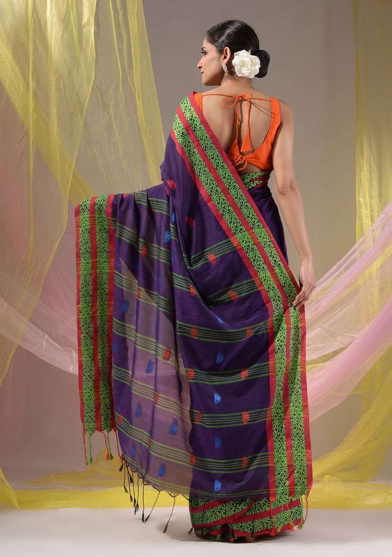 Purple Floral Embroidery Cotton Saree Set - Indya