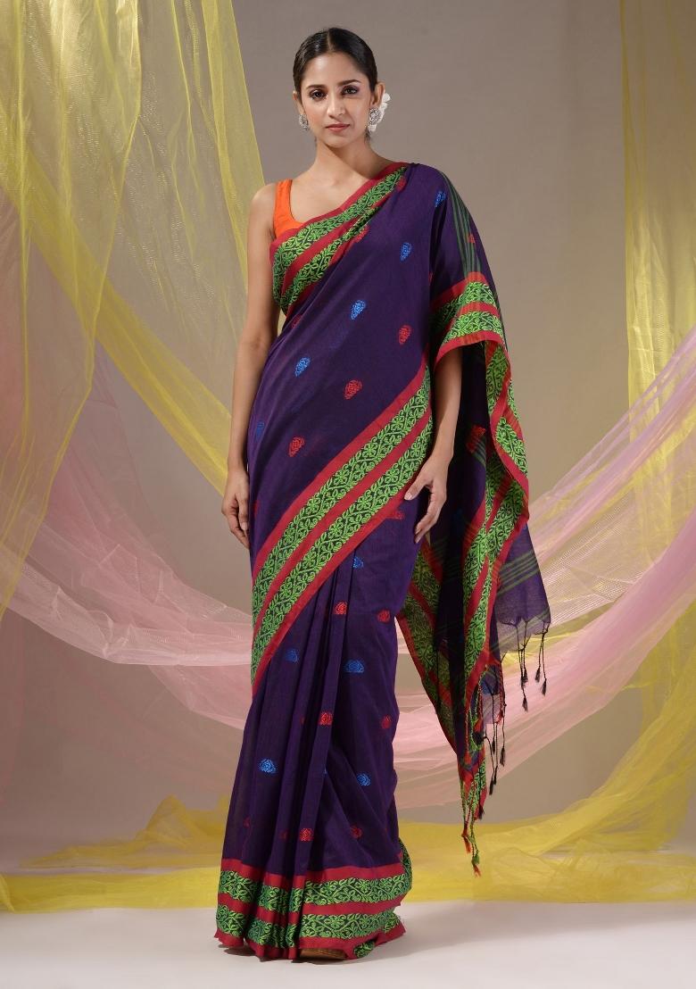 Purple Floral Embroidery Cotton Saree Set - Indya