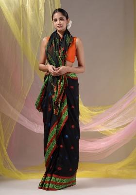 Black Floral Embroidery Cotton Saree Set