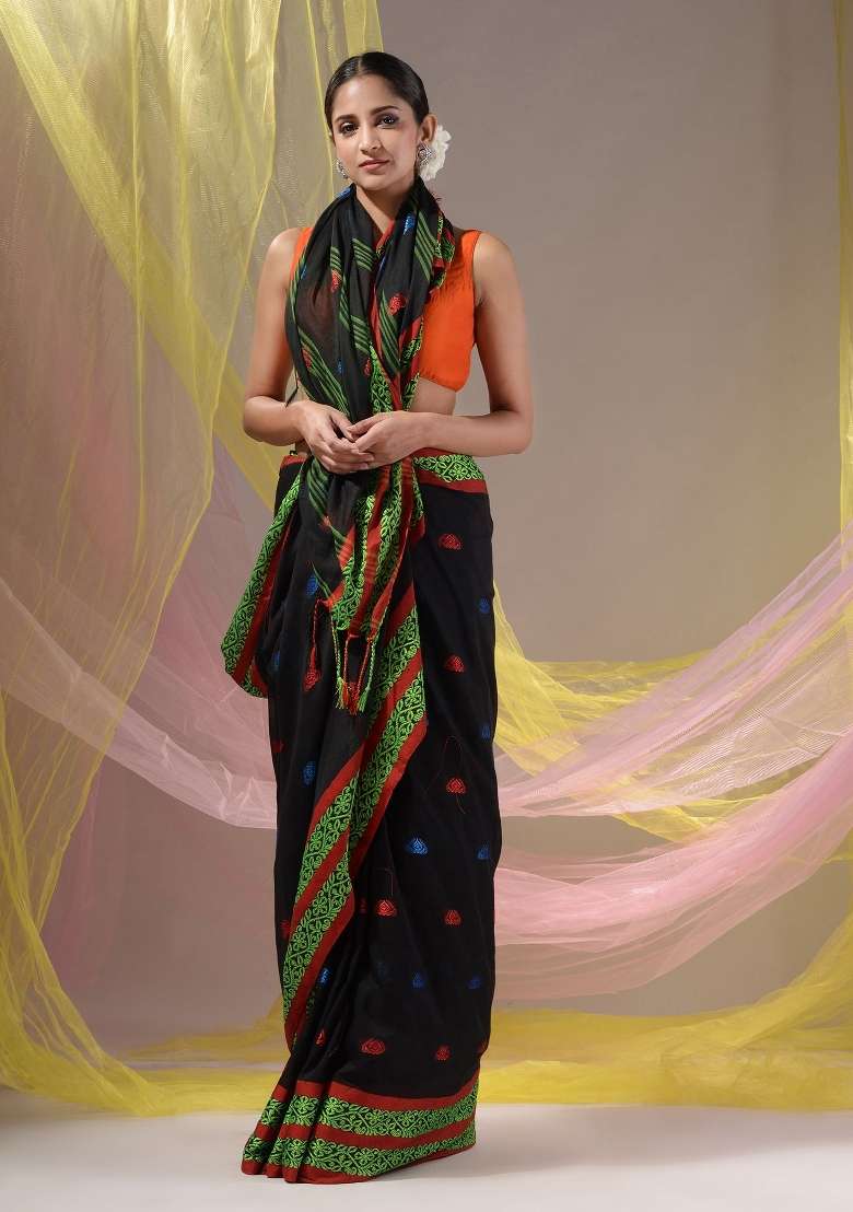 Black Floral Cotton Saree Set with Embroidery for Diwali | Wedding & Festive Wear - Indya