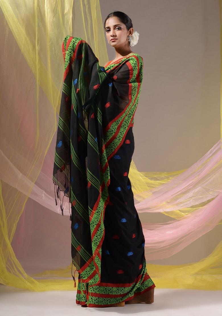 Black Floral Embroidery Cotton Saree Set - Indya