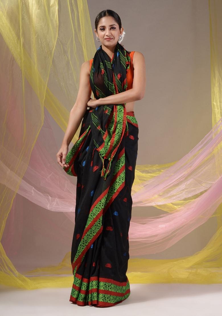 Black Floral Embroidery Cotton Saree Set - Indya