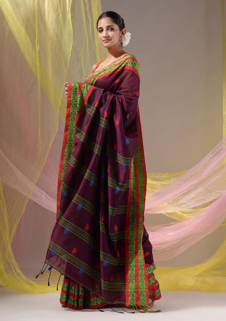 Magenta Floral Embroidery Cotton Saree Set - Indya