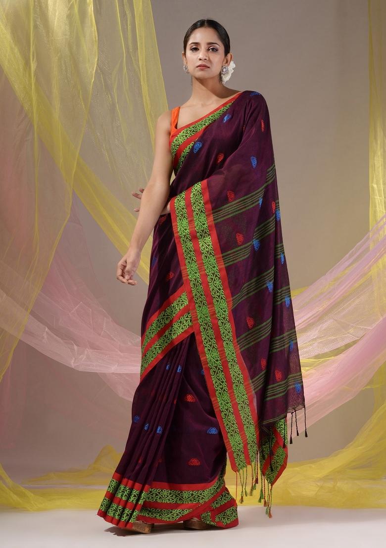 Magenta Floral Embroidery Cotton Saree Set - Indya