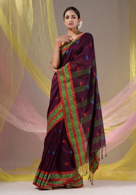 Magenta Floral Embroidery Cotton Saree Set