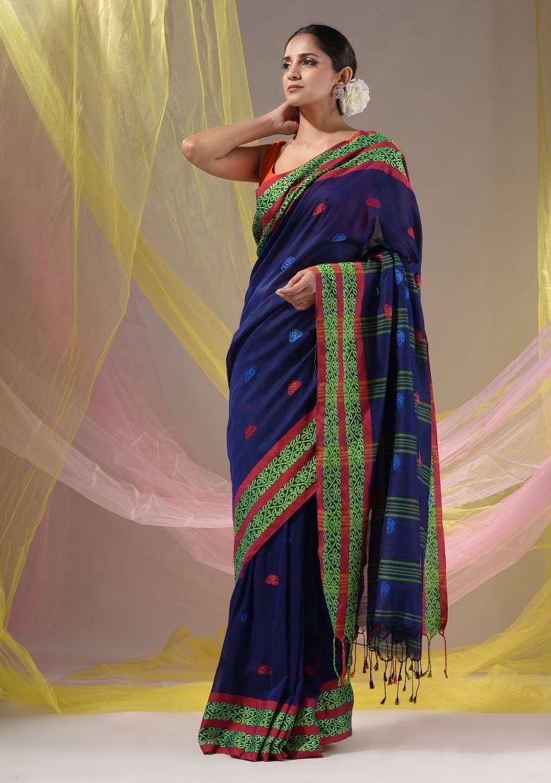 Royal Blue Floral Embroidery Cotton Saree Set - Indya