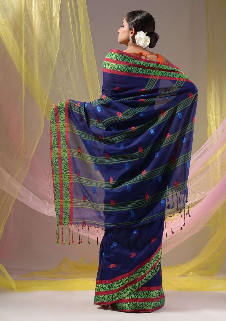 Royal Blue Floral Embroidery Cotton Saree Set - Indya