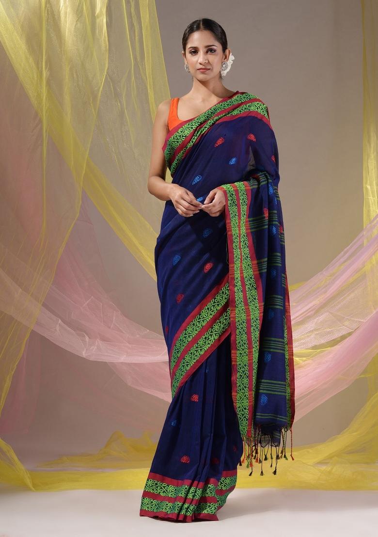 Royal Blue Floral Embroidery Cotton Saree Set - Indya