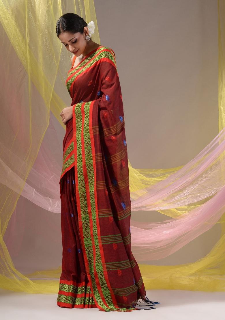 Brick Red Floral Embroidery Cotton Saree Set - Indya