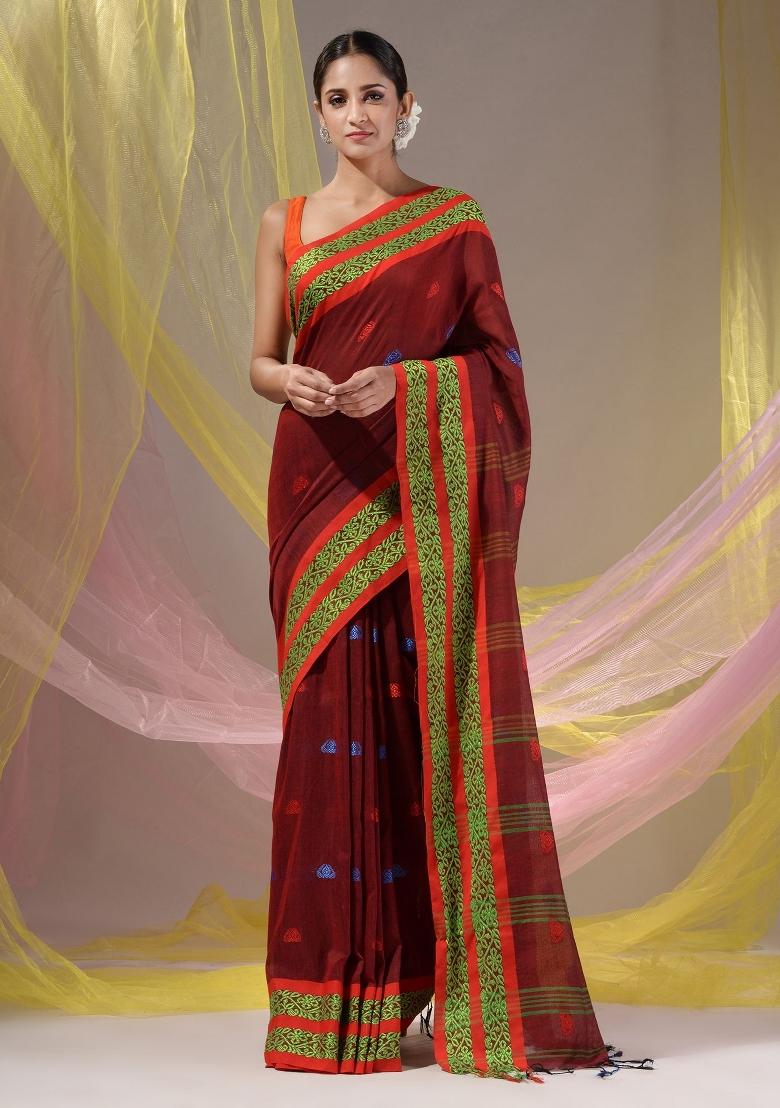 Brick Red Floral Embroidery Cotton Saree Set - Indya