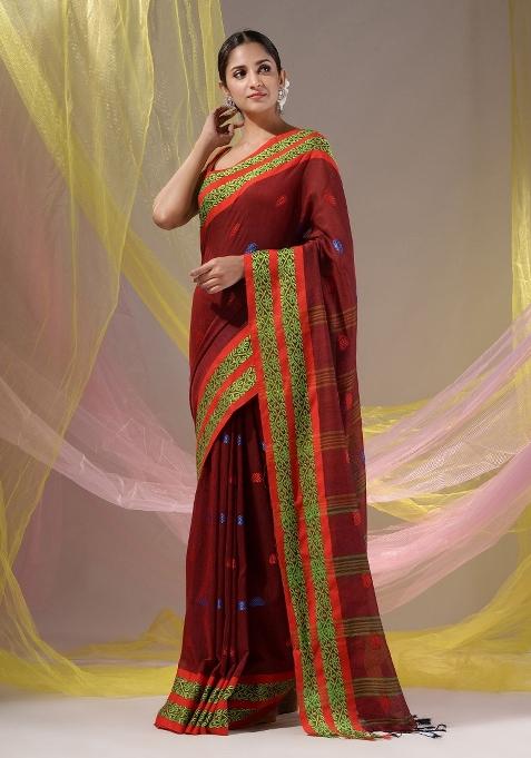 Brick Red Floral Embroidery Cotton Saree Set