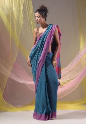 Olympic Blue Floral Embroidery Cotton Saree Set