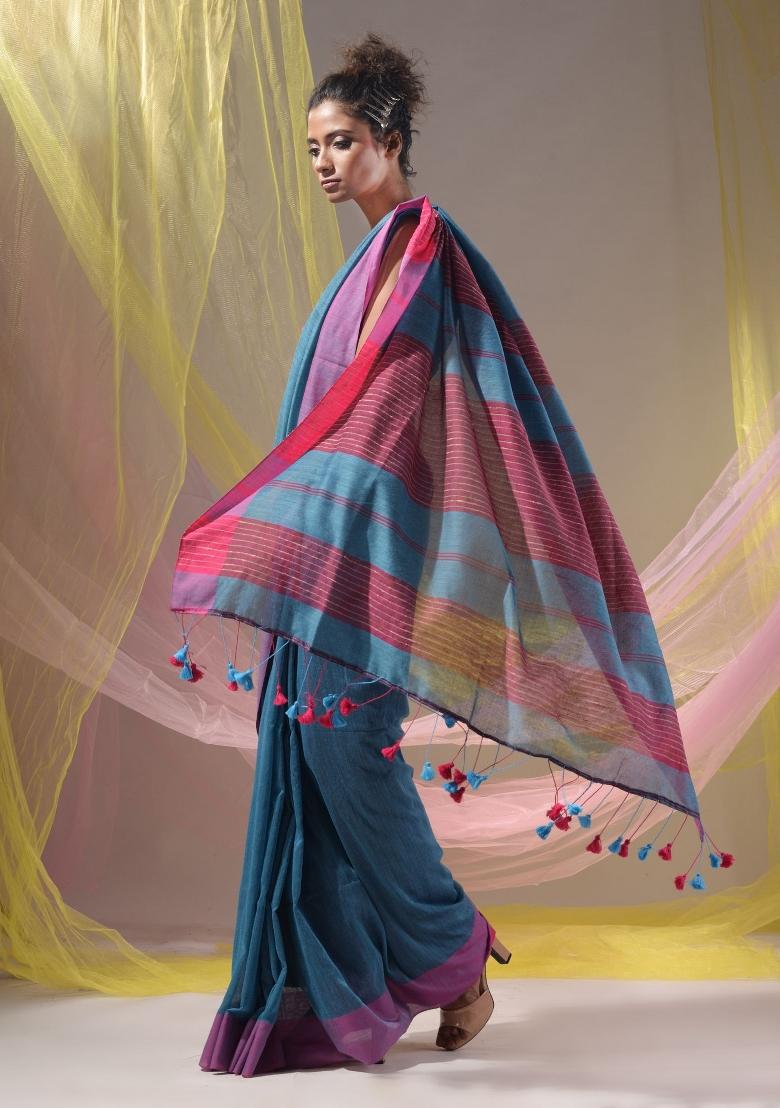 Olympic Blue Floral Embroidery Cotton Saree Set - Indya