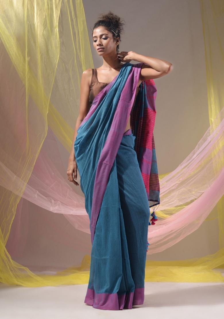 Olympic Blue Floral Embroidery Cotton Saree Set - Indya