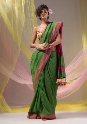 Green Floral Embroidery Cotton Saree Set