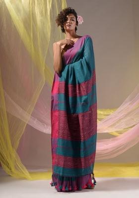 Teal Floral Embroidery Cotton Saree Set