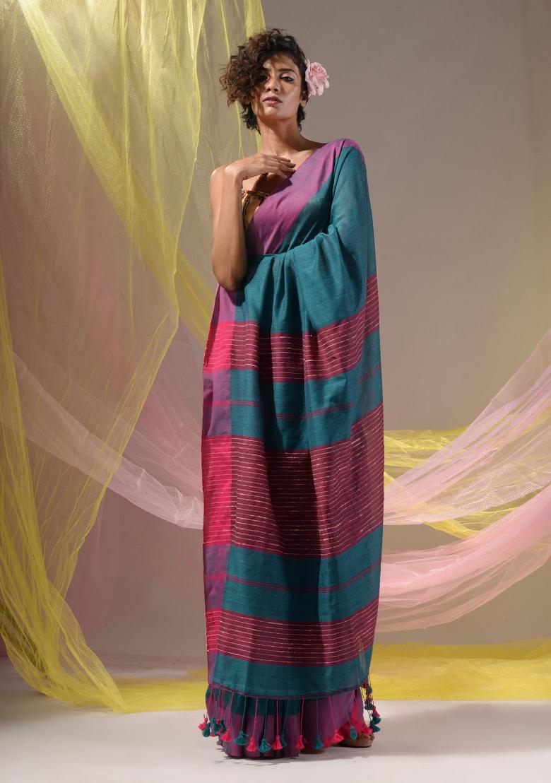 Teal Floral Embroidery Cotton Saree Set