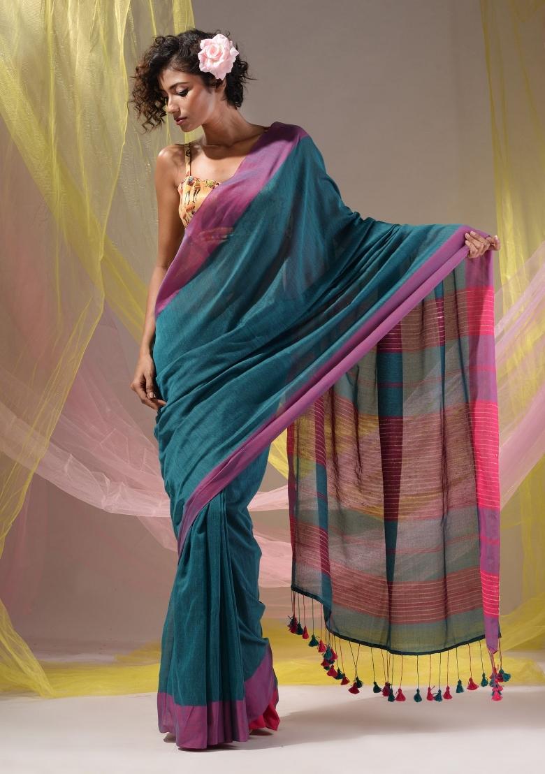 Teal Floral Embroidery Cotton Saree Set