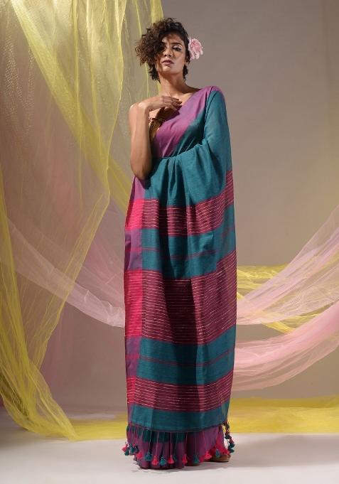 Teal Floral Embroidery Cotton Saree Set