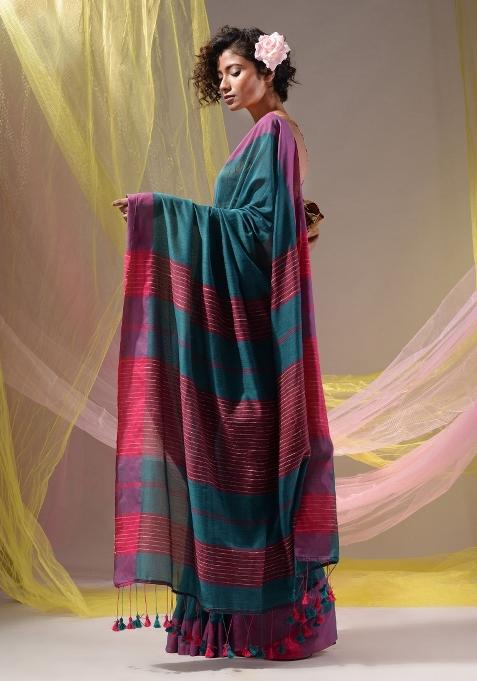 Teal Floral Embroidery Cotton Saree Set