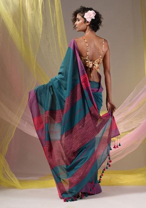 Teal Floral Embroidery Cotton Saree Set