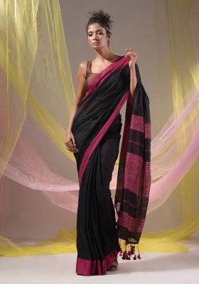 Black Floral Embroidery Cotton Saree Set