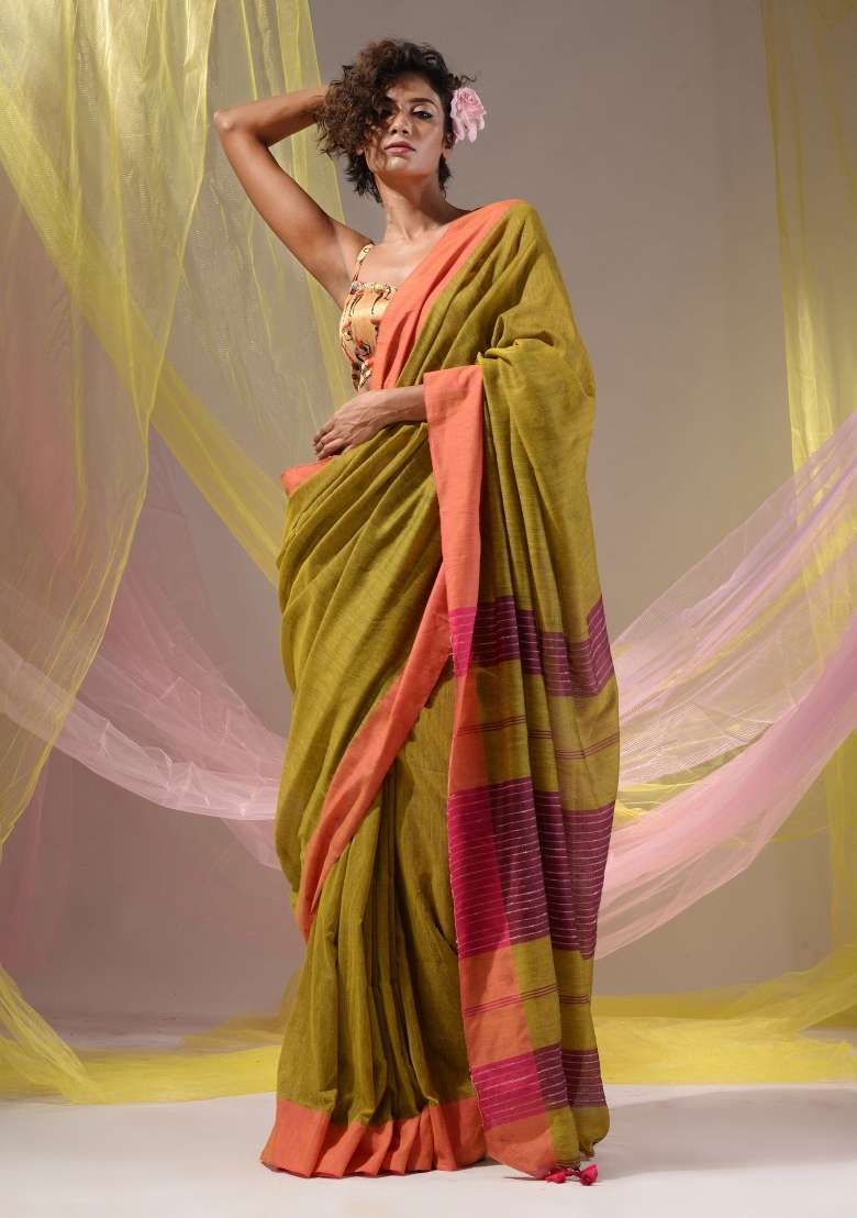 Mustard Floral Embroidery Cotton Saree Set - Indya