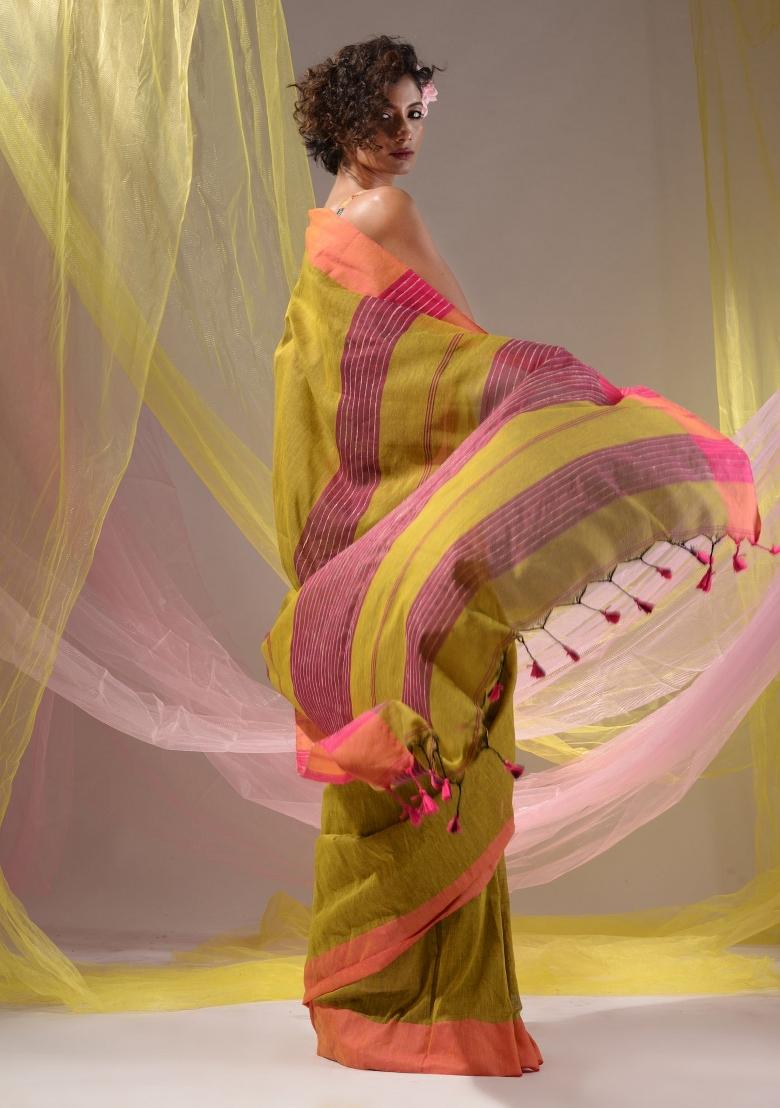 Mustard Floral Embroidery Cotton Saree Set - Indya