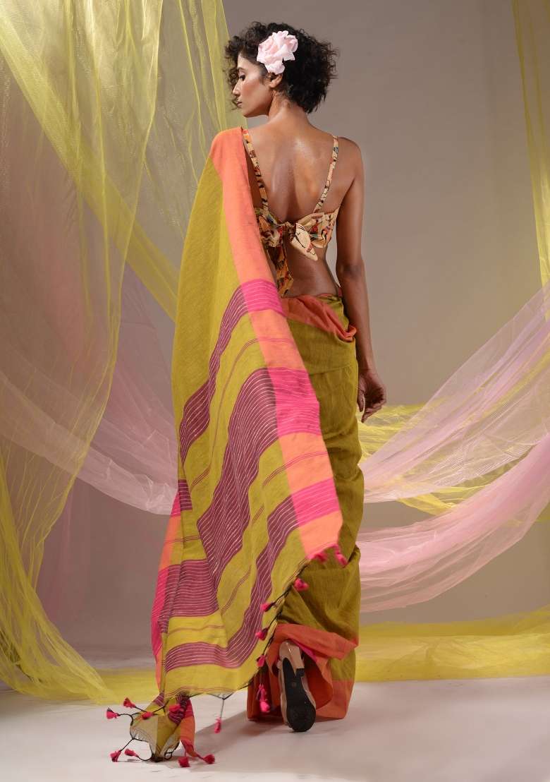 Mustard Floral Embroidery Cotton Saree Set - Indya