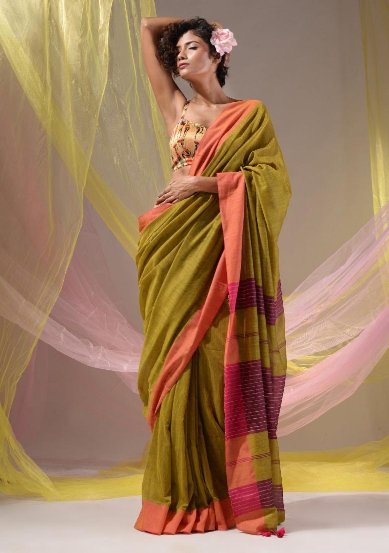 Mustard Floral Embroidery Cotton Saree Set - Indya