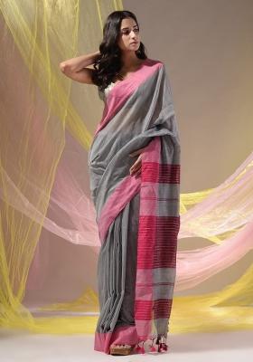 Grey Floral Embroidery Cotton Saree Set