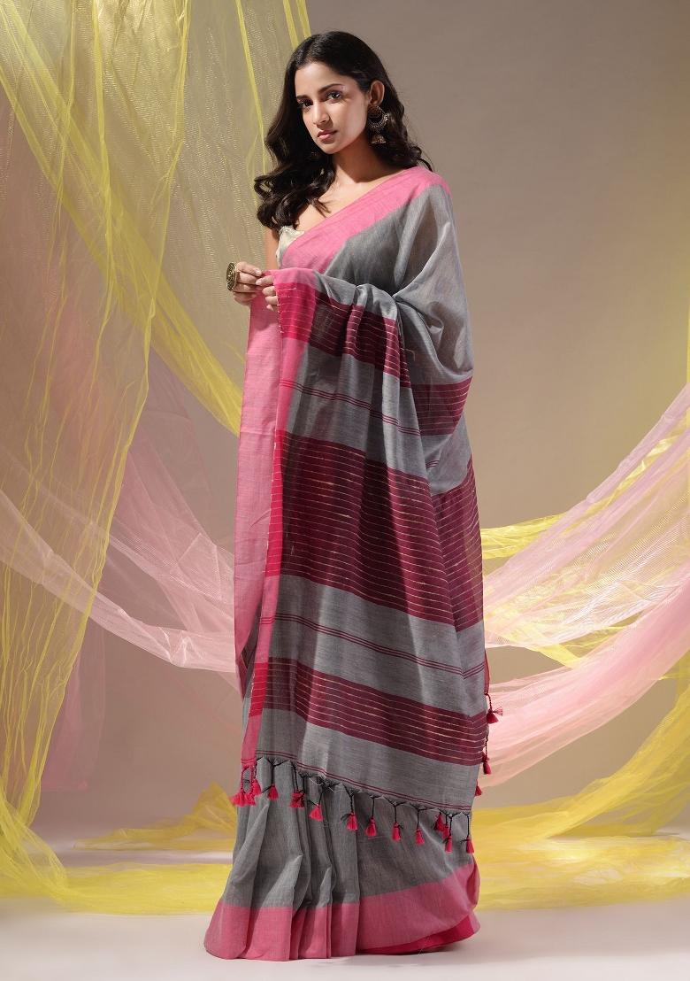 Grey Floral Embroidery Cotton Saree Set - Indya