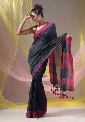 Charcoal Floral Embroidery Cotton Saree Set