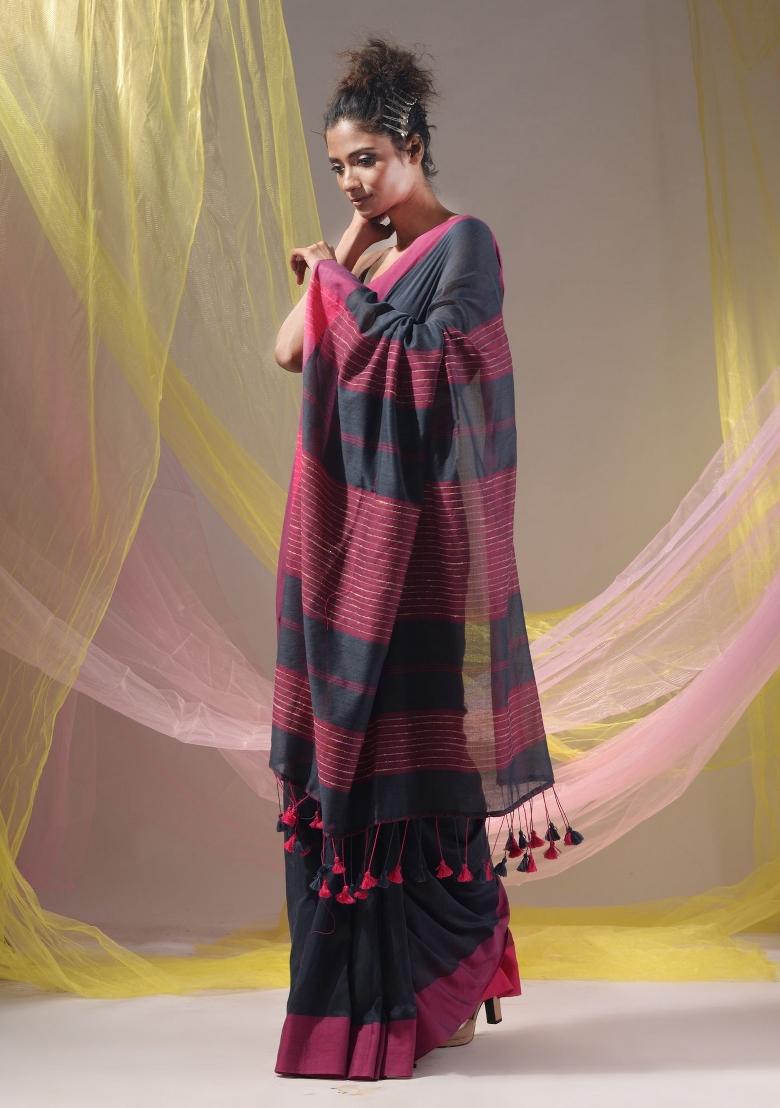 Charcoal Floral Embroidery Cotton Saree Set - Indya