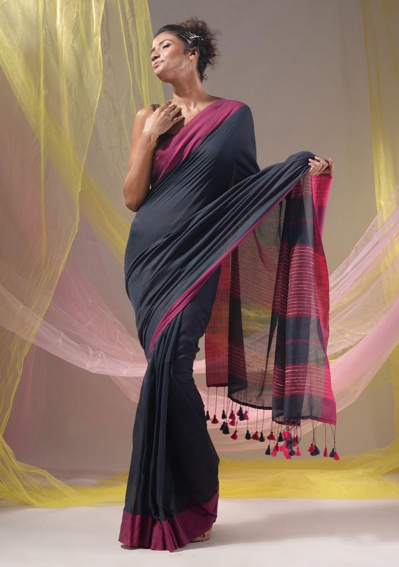 Charcoal Floral Embroidery Cotton Saree Set - Indya