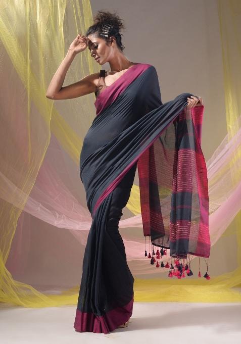 Charcoal Floral Embroidery Cotton Saree Set