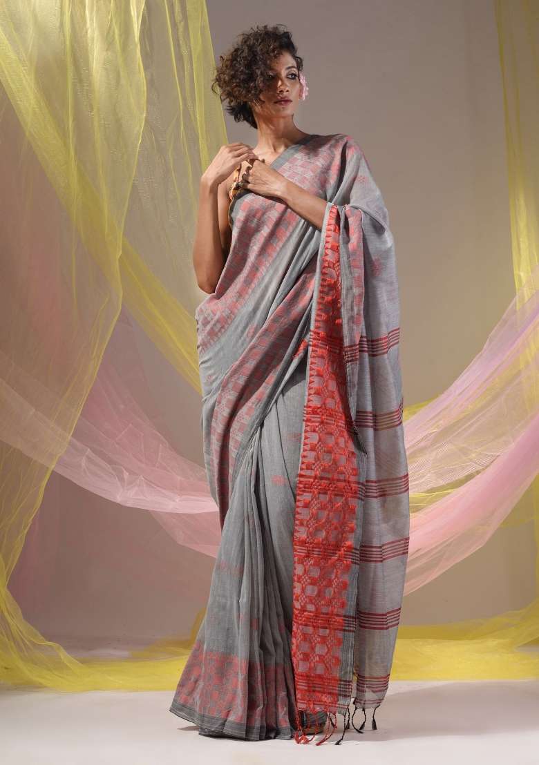 Grey Floral Embroidery Cotton Saree Set for Diwali and Festive Wear - Indya