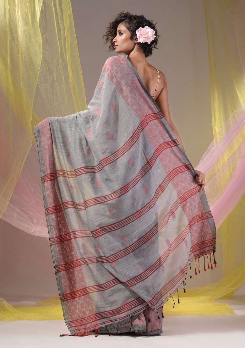 Grey Floral Embroidery Cotton Saree Set for Diwali and Festive Wear - Indya