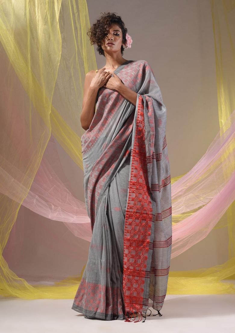Grey Floral Embroidery Cotton Saree Set - Indya