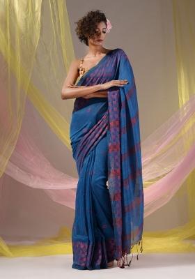 Cobalt Blue Floral Embroidery Cotton Saree Set