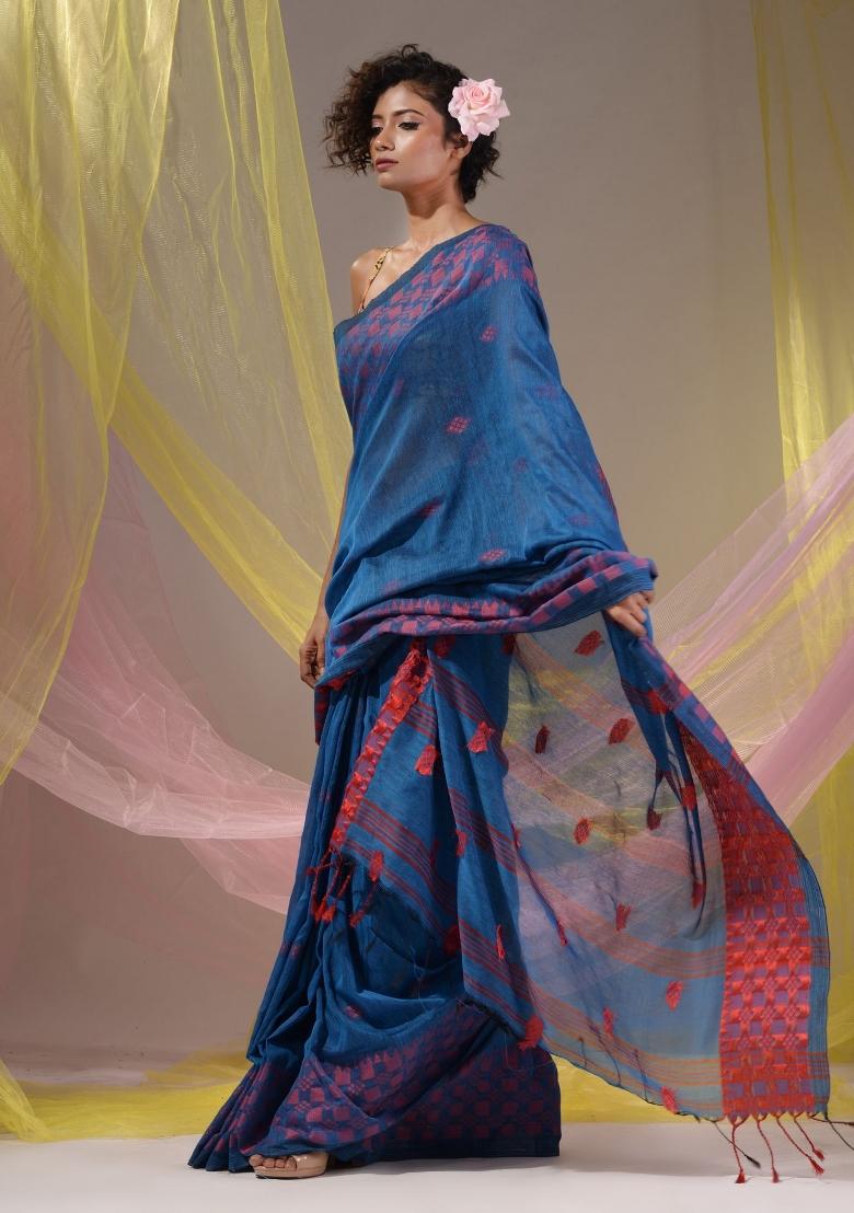 Cobalt Blue Floral Embroidery Cotton Saree Set - Indya