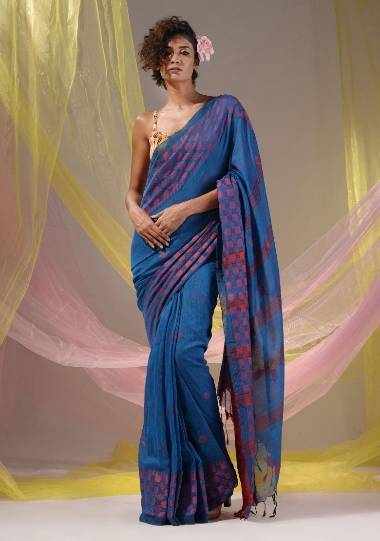 Cobalt Blue Floral Embroidery Cotton Saree Set - Indya