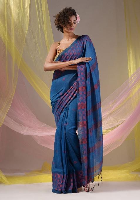 Cobalt Blue Floral Embroidery Cotton Saree Set