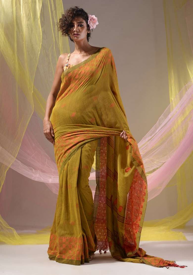 Mustard Floral Embroidery Cotton Saree Set for Diwali and Festive Wear - Indya