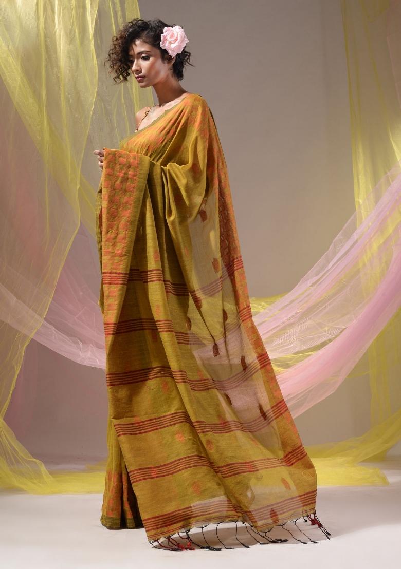 Mustard Floral Embroidery Cotton Saree Set - Indya