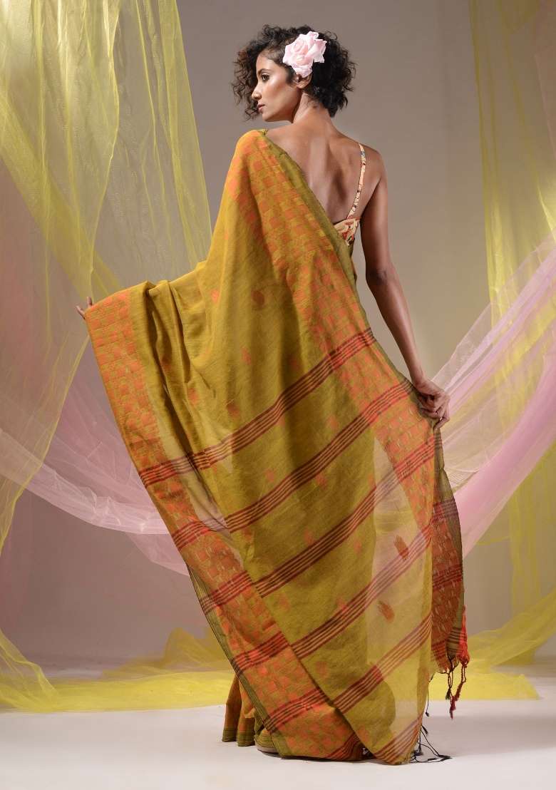 Mustard Floral Embroidery Cotton Saree Set for Diwali and Festive Wear - Indya